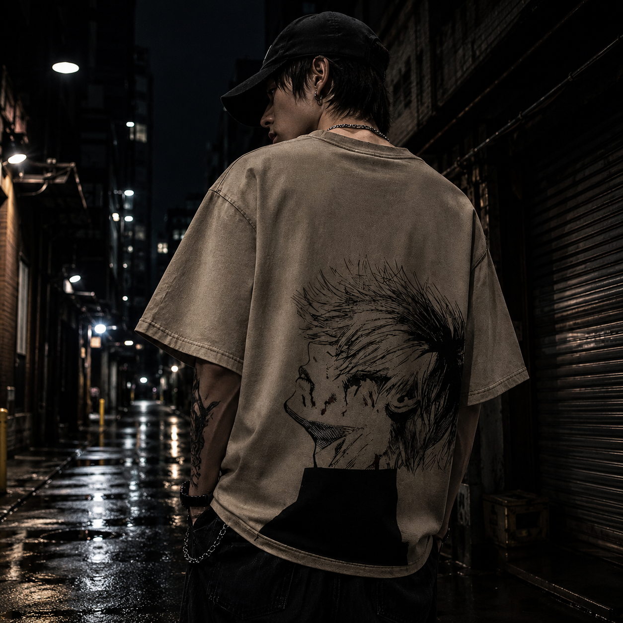 Grunge Anime-Inspired Graphic Tee – Cursed Eye Masked Warrior Oversized T-Shirt