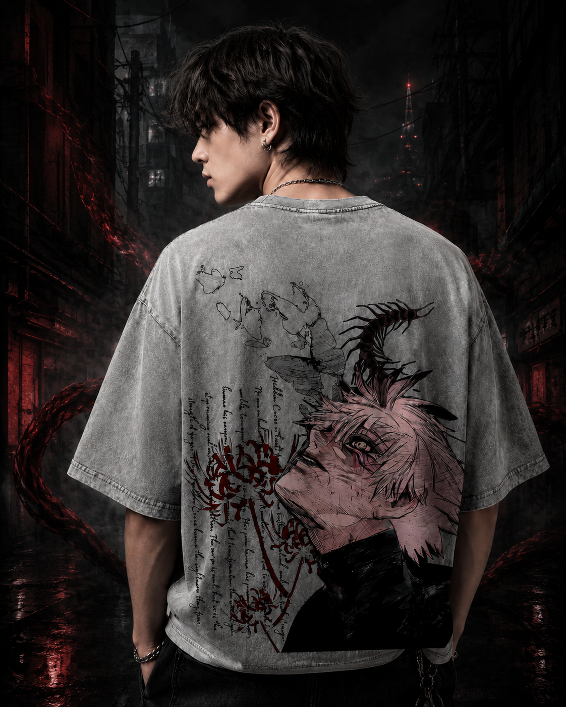 Dark Anime-Inspired Graphic Tee – Streetwear Washed Vintage Oversized T-Shirt