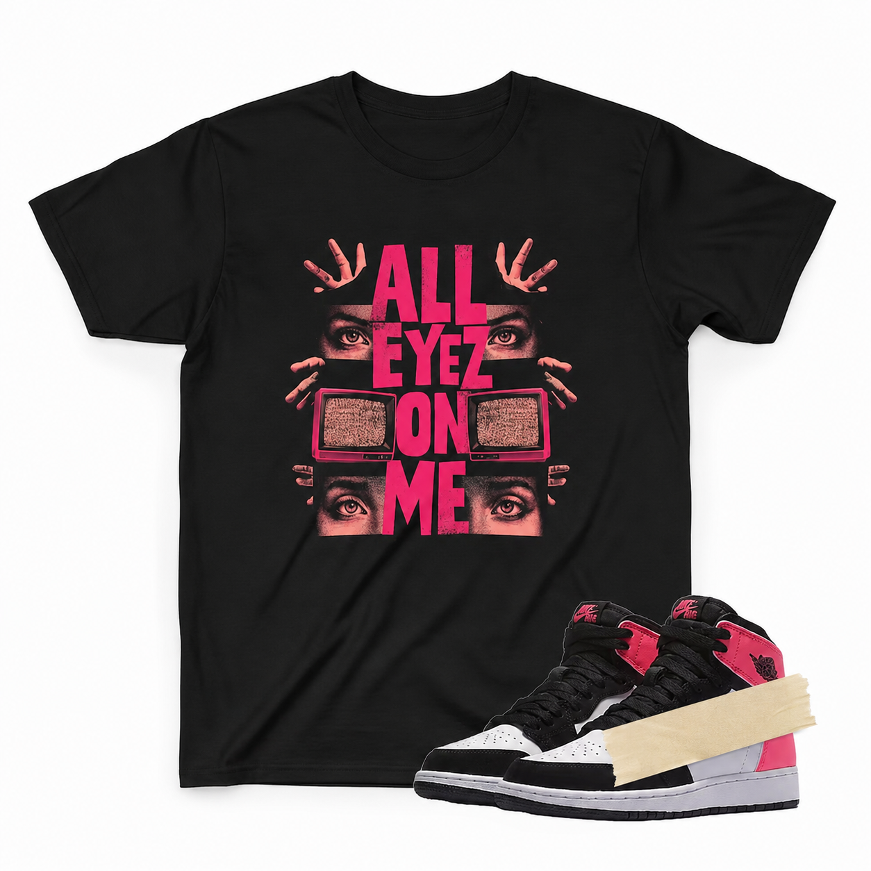 Pinksicle Sneaker Match Graphic Tee – Black Streetwear “All Eyez On Me” Print T-Shirt