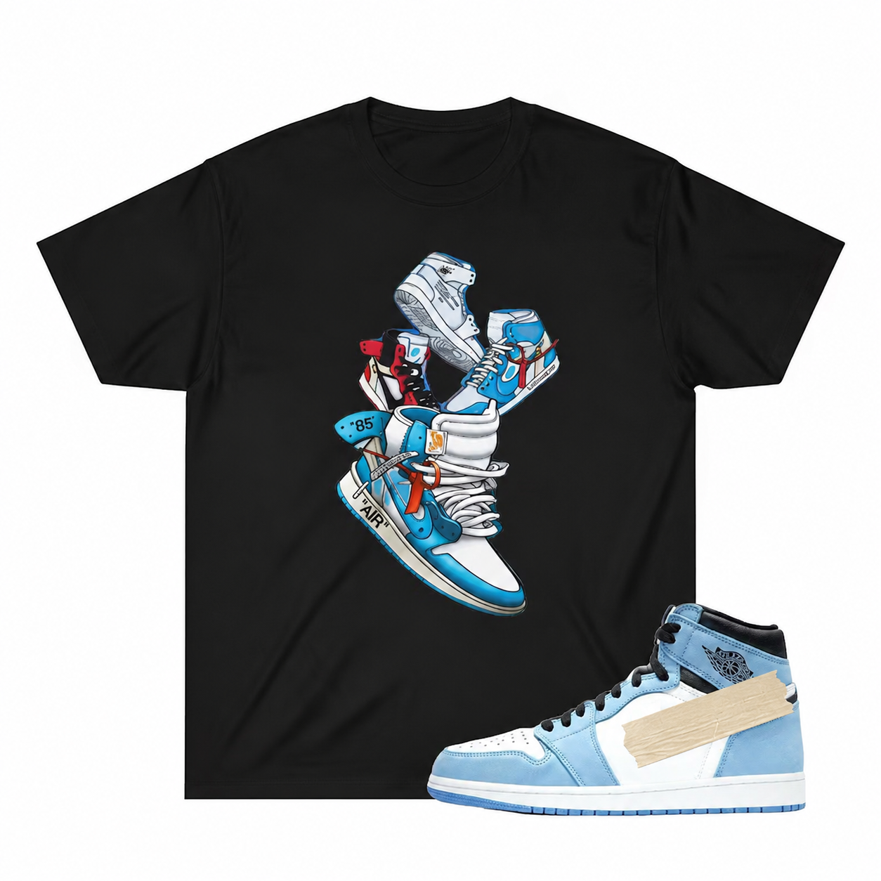 Retro University Blue Sneaker Inspired Match T-Shirt – Black – Stacked Grails Streetwear Graphic Tee