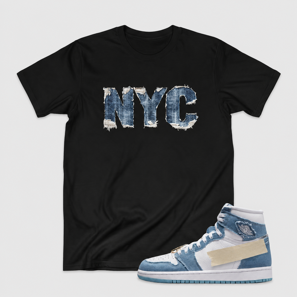 Washed Denim Sneaker Inspired T-Shirt – Black – “NYC” Typography Streetwear Graphic Tee