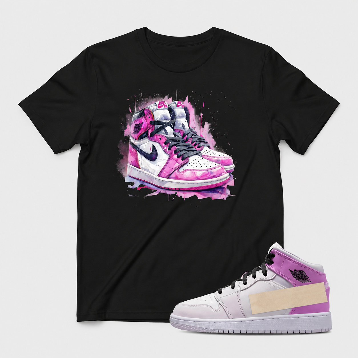Light Violet Sneaker Inspired T-Shirt – Black – Watercolor Splatter Streetwear Graphic Tee