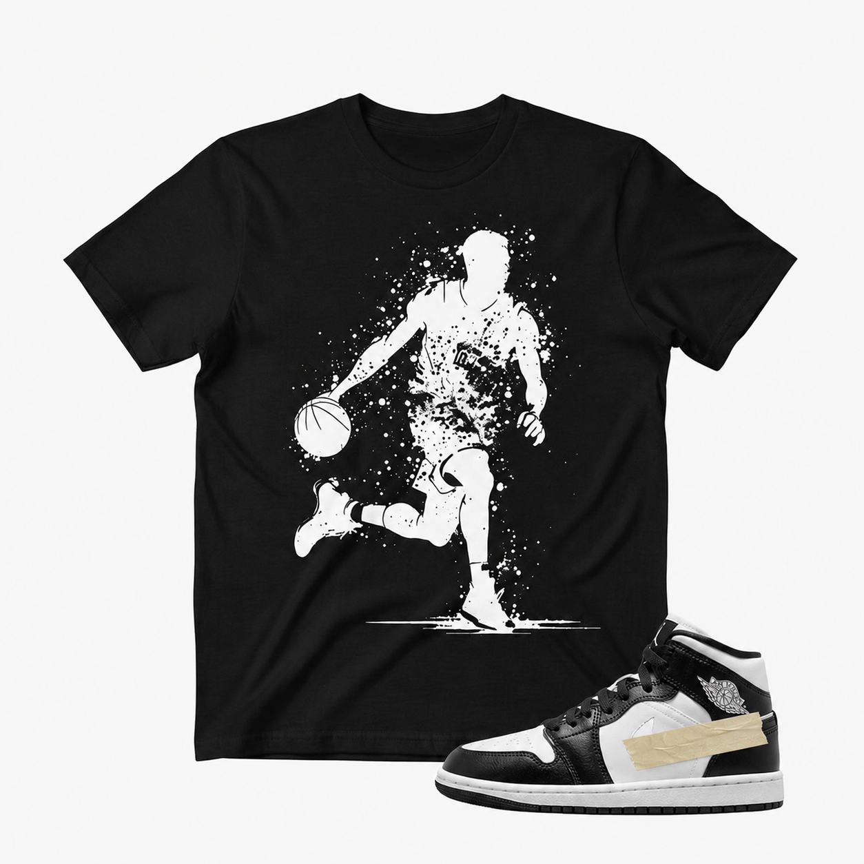 AJ 1 Panda Sneaker Inspired “Splatter Basketball Player” Graphic Tee – Black Streetwear T-Shirt