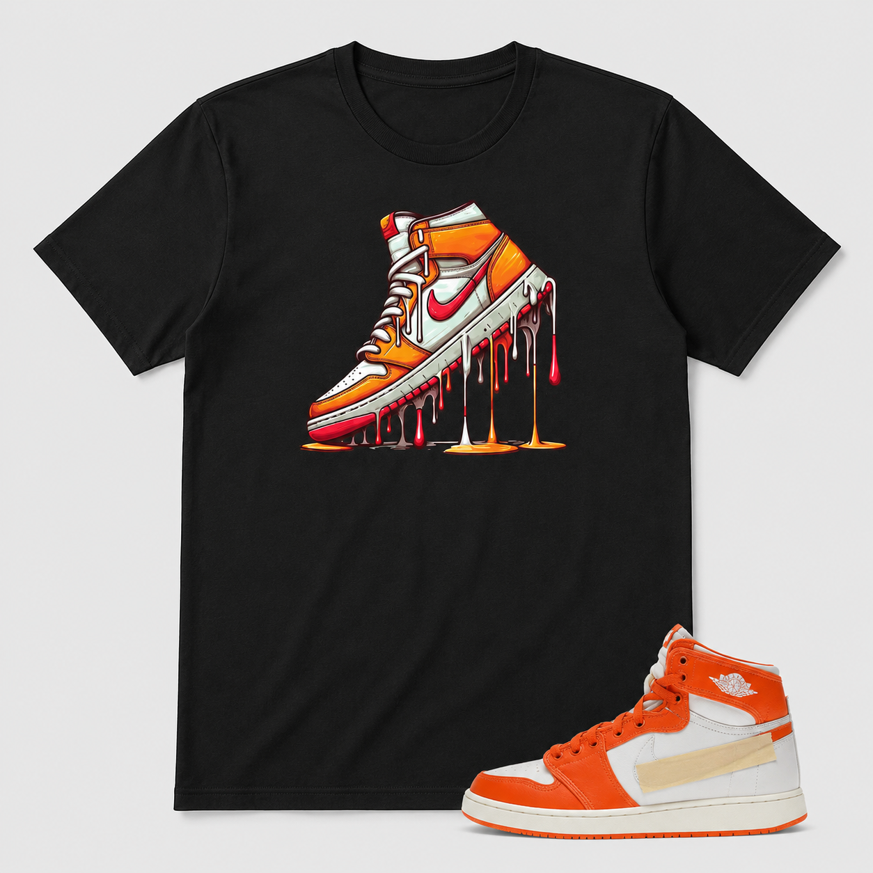 Starfish Sneaker Inspired Melting Orange Drip Graphic Tee – Black Streetwear T-Shirt
