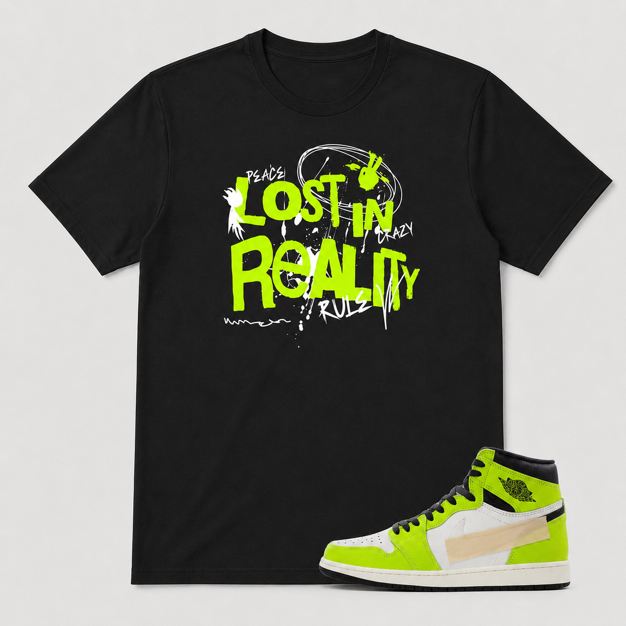 Volt Gold Sneaker Inspired “Lost In Reality” Neon Graphic Tee – Black Streetwear T-Shirt