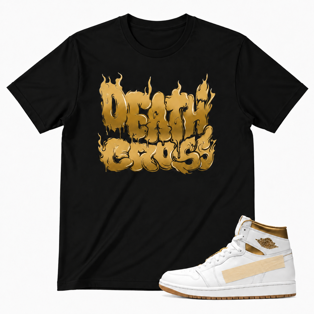 AJ 1 Metallic Gold Sneaker Match T-Shirt – Black – "D3ath Cross" Gold Drip Tee