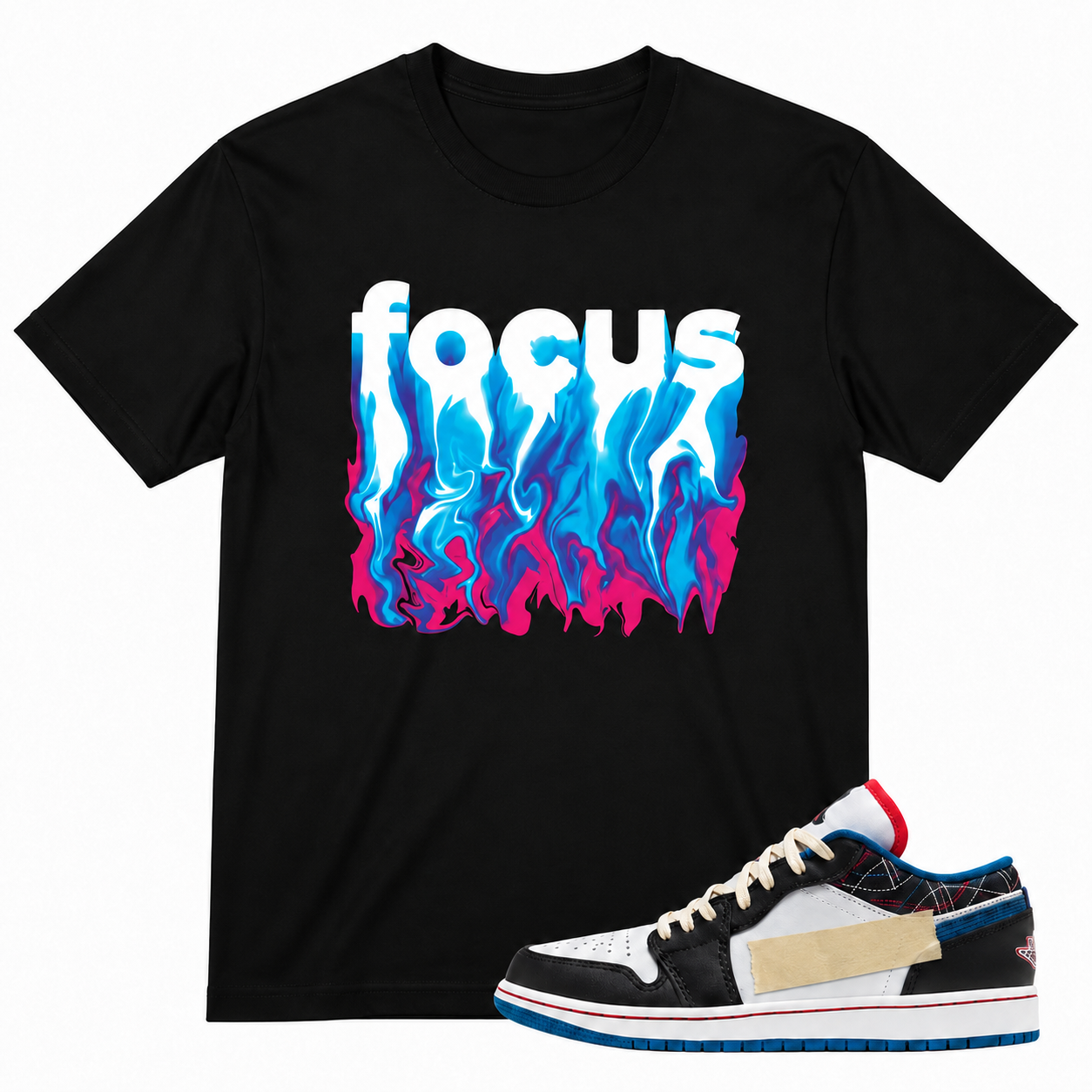 Quai 54 Sneaker Inspired “Focus” Liquid Fire Graphic Tee – Black Streetwear T-Shirt