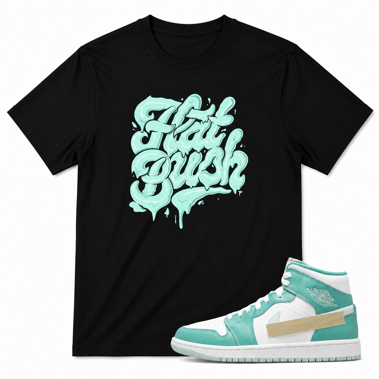 Tropical Teal Sneaker Inspired “Flat Bush” Graffiti Drip Tee – Black Streetwear Graphic T-Shirt