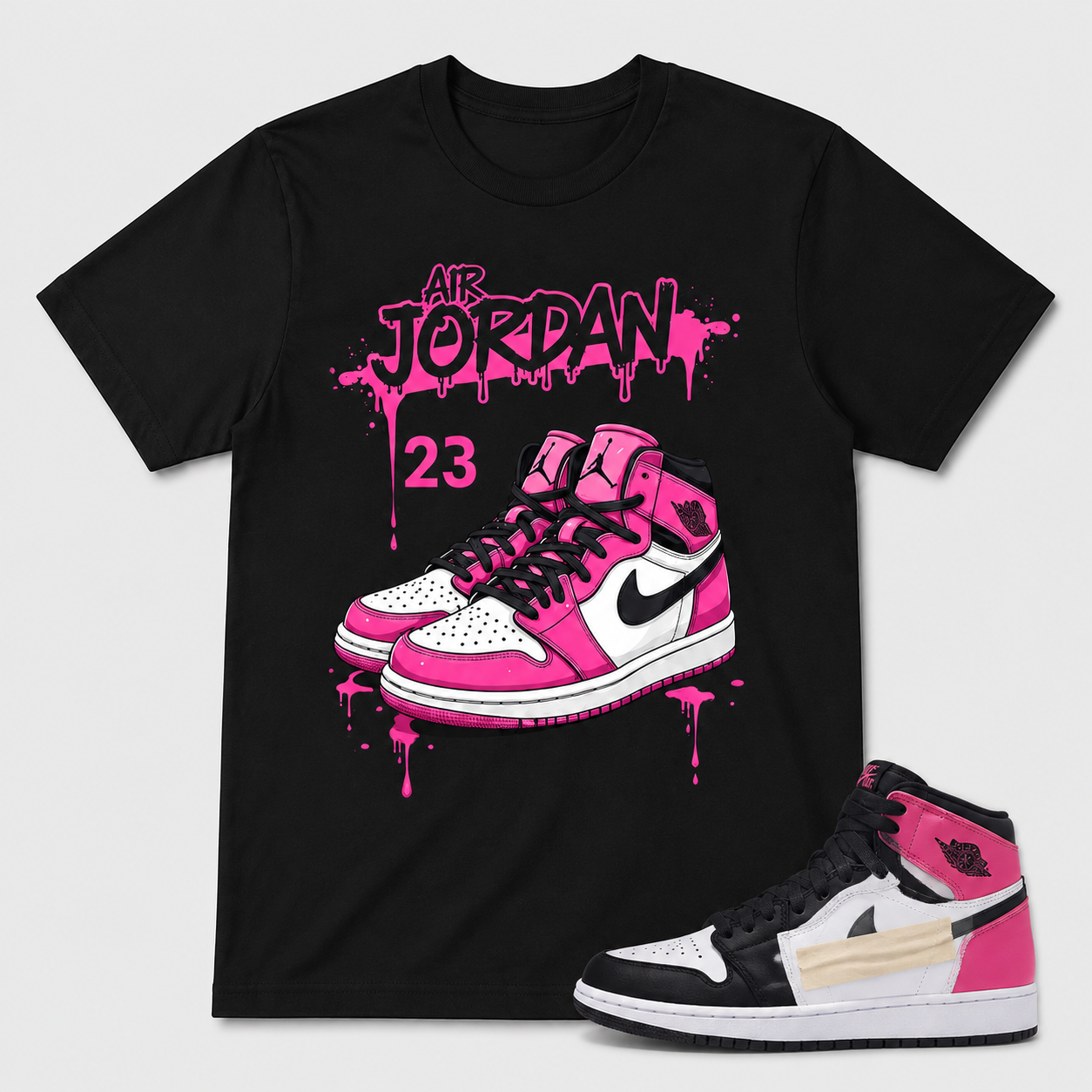 AJ 1 Pinksicle Sneaker Match Graphic Tee – Black Pink Splatter Streetwear T-Shirt