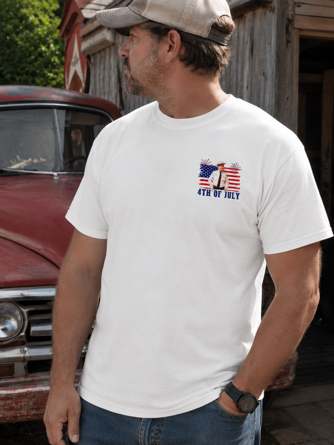 Retro Americana Sheriff Graphic T-Shirt – Patriotic Freedom Back Print Tee