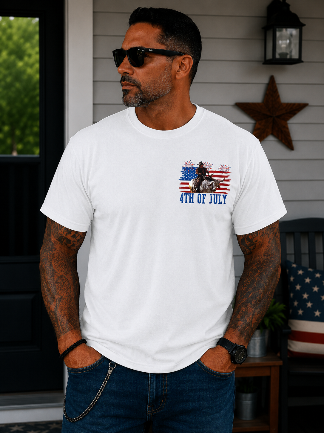 Patriotic Bull Rider Graphic T-Shirt – Vintage Western Americana Tee