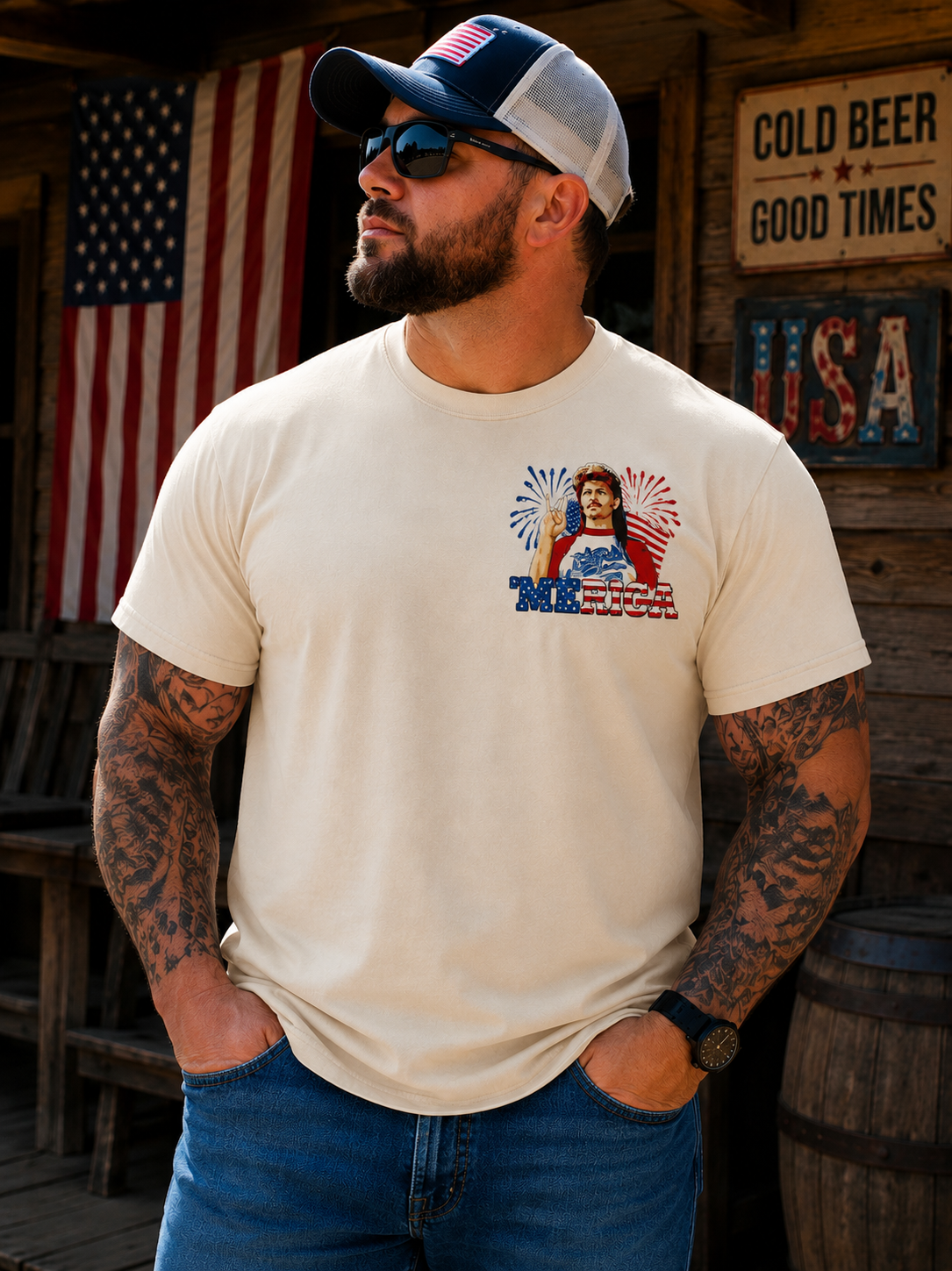 Red, White & Country Humor Graphic T-Shirt – Vintage Americana Tee