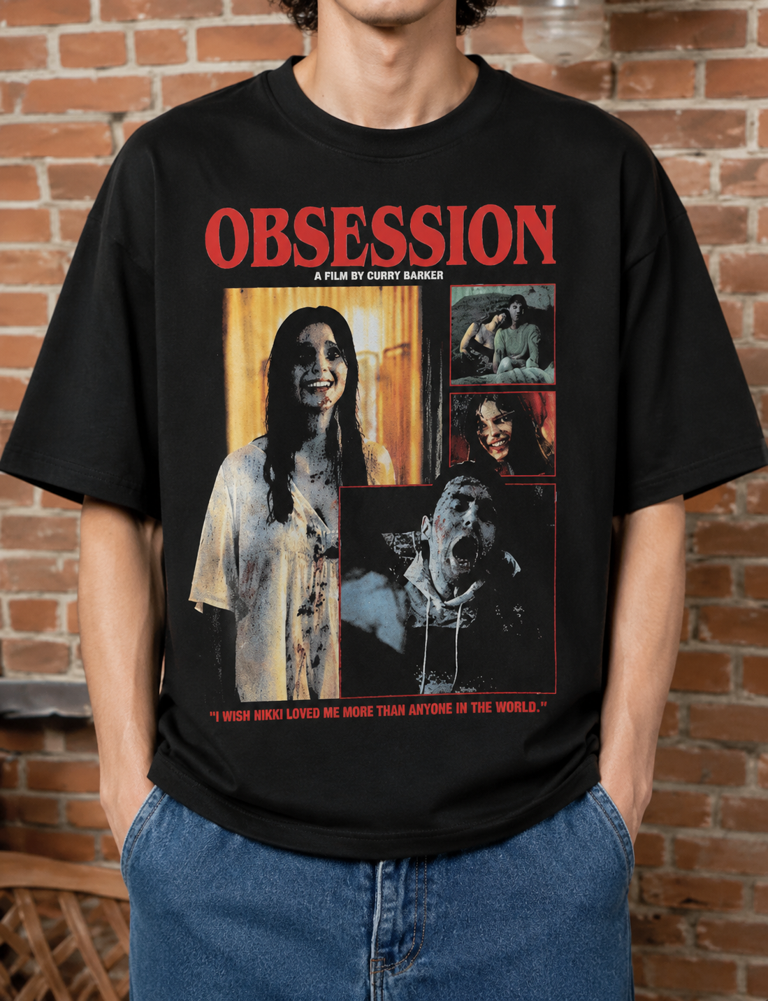 Obsession Vintage Horror Graphic Tee – Washed Black Streetwear T-Shirt