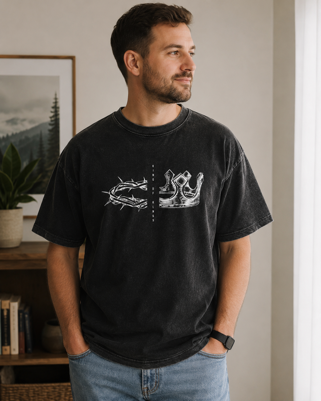 King Of Kings Graphic T-Shirt – Vintage Washed Black Christian Faith Tee with Crown & Scripture Design