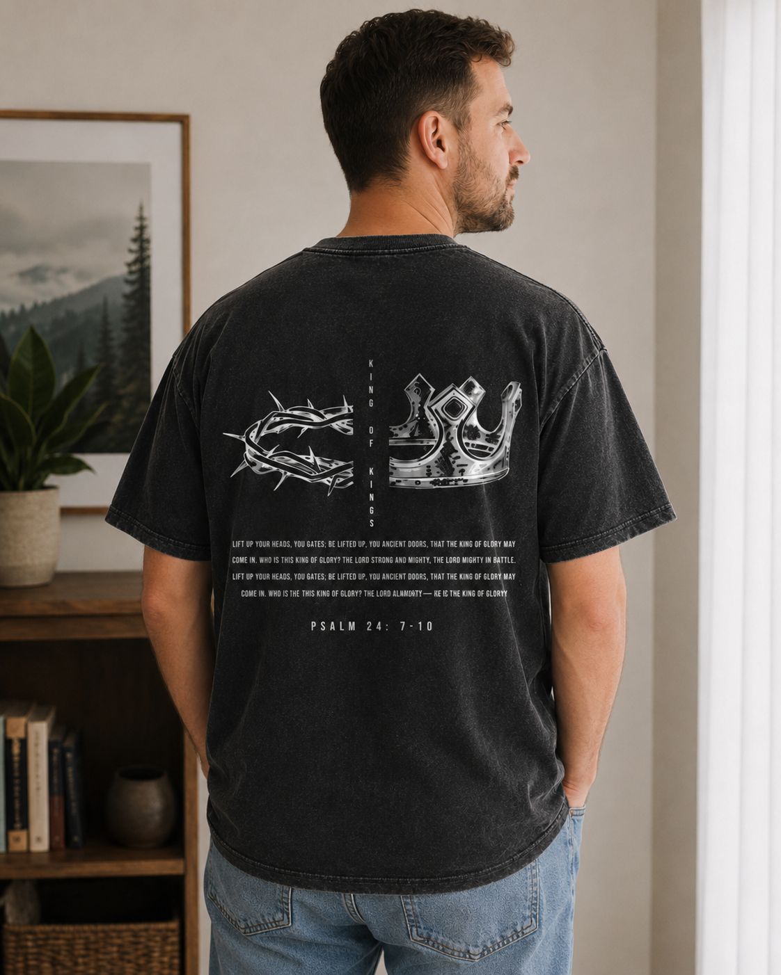 King Of Kings Graphic T-Shirt – Vintage Washed Black Christian Faith Tee with Crown & Scripture Design