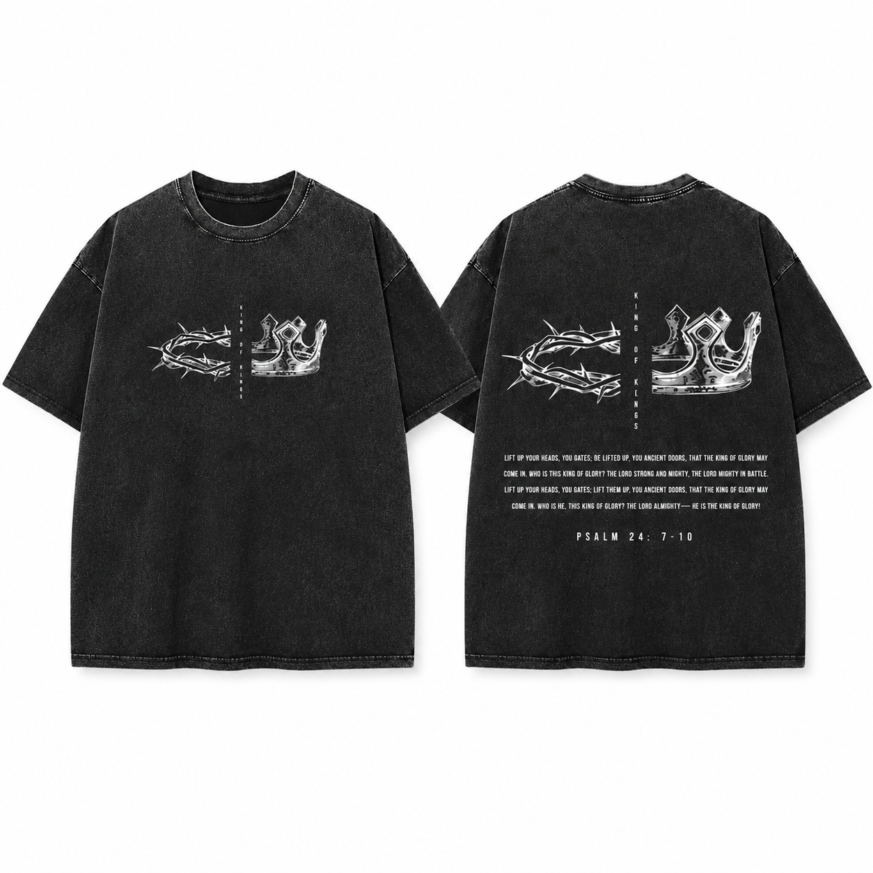 King Of Kings Graphic T-Shirt – Vintage Washed Black Christian Faith Tee with Crown & Scripture Design