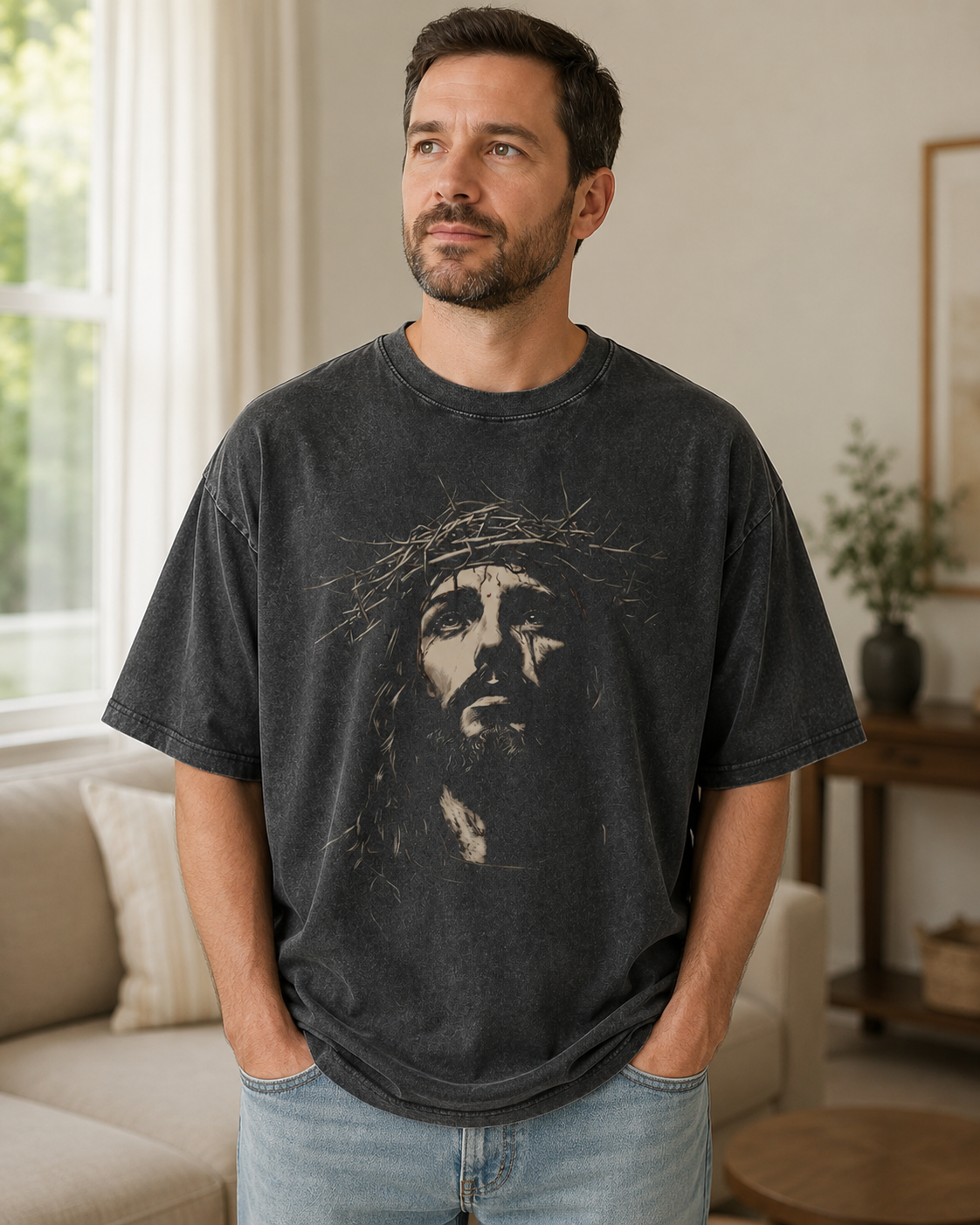 Jesus Crown Of Thorns Graphic T-Shirt – Vintage Washed Black Christian Faith Tee
