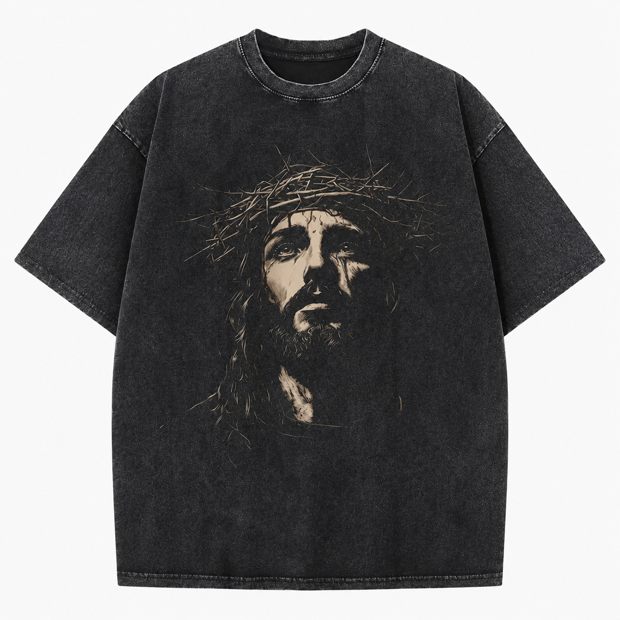 Jesus Crown Of Thorns Graphic T-Shirt – Vintage Washed Black Christian Faith Tee