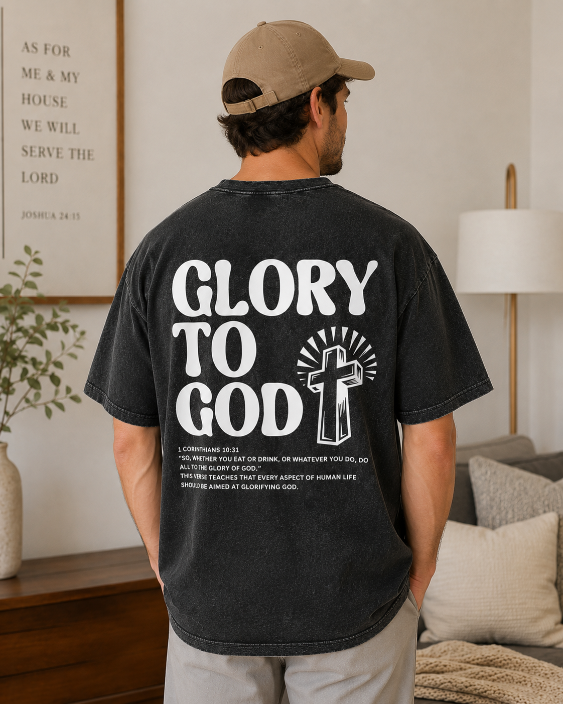 Glory To God Graphic T-Shirt – Vintage Washed Black Christian Faith Tee with Cross & Bible Verse Design