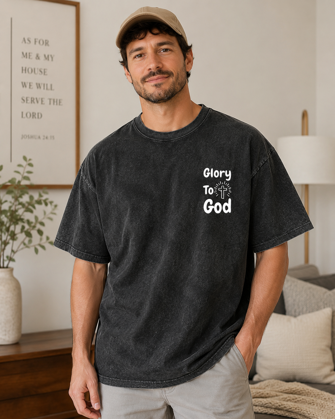 Glory To God Graphic T-Shirt – Vintage Washed Black Christian Faith Tee with Cross & Bible Verse Design