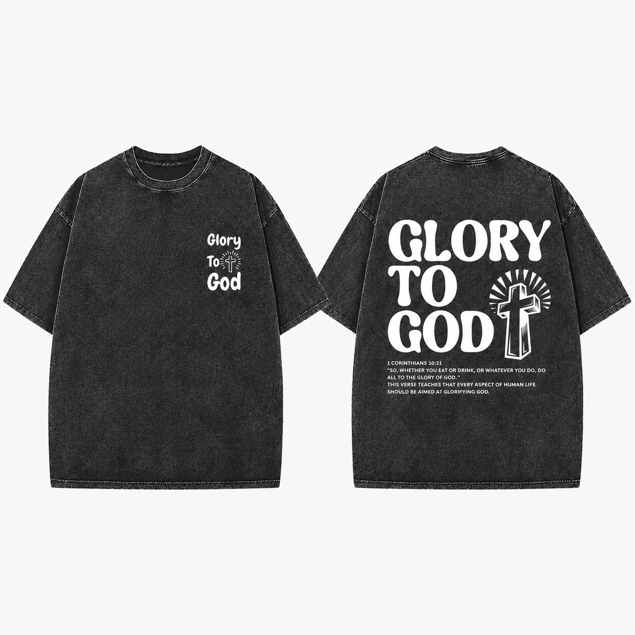 Glory To God Graphic T-Shirt – Vintage Washed Black Christian Faith Tee with Cross & Bible Verse Design