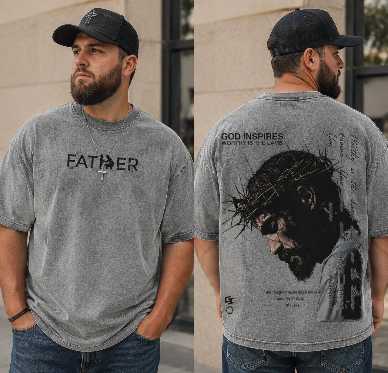 Father God Graphic T-Shirt – Vintage Washed Gray Christian Faith Tee with Jesus Back Print