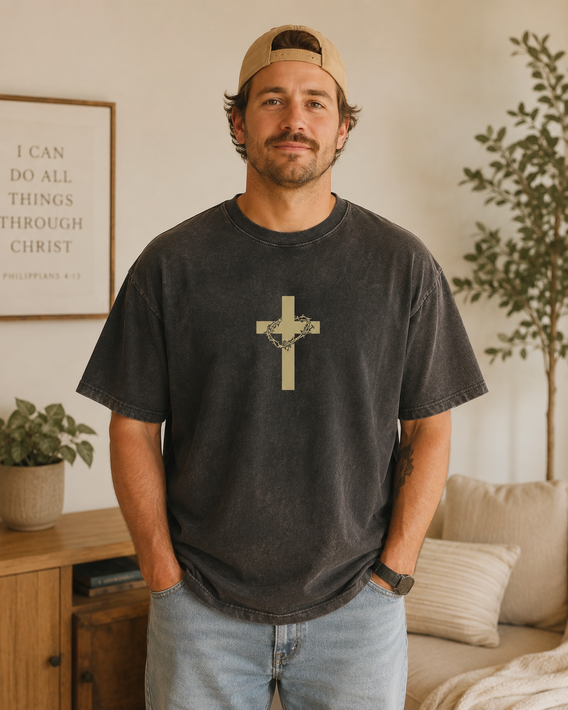Jesus Cross Graphic T-Shirt – Vintage Washed Black Christian Faith Tee with Crown Of Thorns Back Print