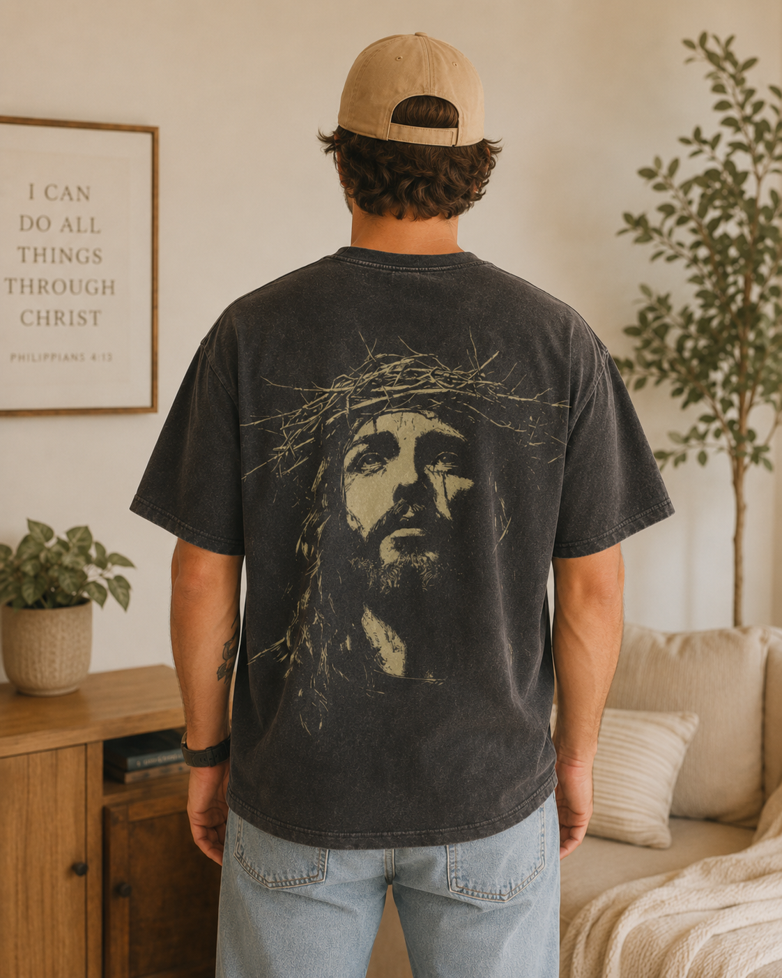 Jesus Cross Graphic T-Shirt – Vintage Washed Black Christian Faith Tee with Crown Of Thorns Back Print