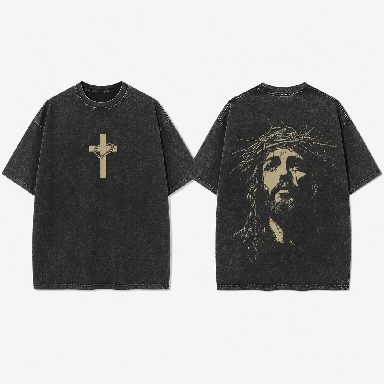 Jesus Cross Graphic T-Shirt – Vintage Washed Black Christian Faith Tee with Crown Of Thorns Back Print