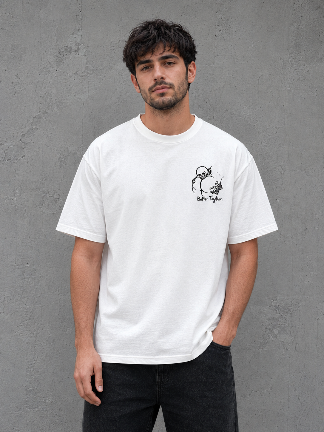 Better Together Skeleton Graphic T-Shirt – Minimal Gothic White Tee