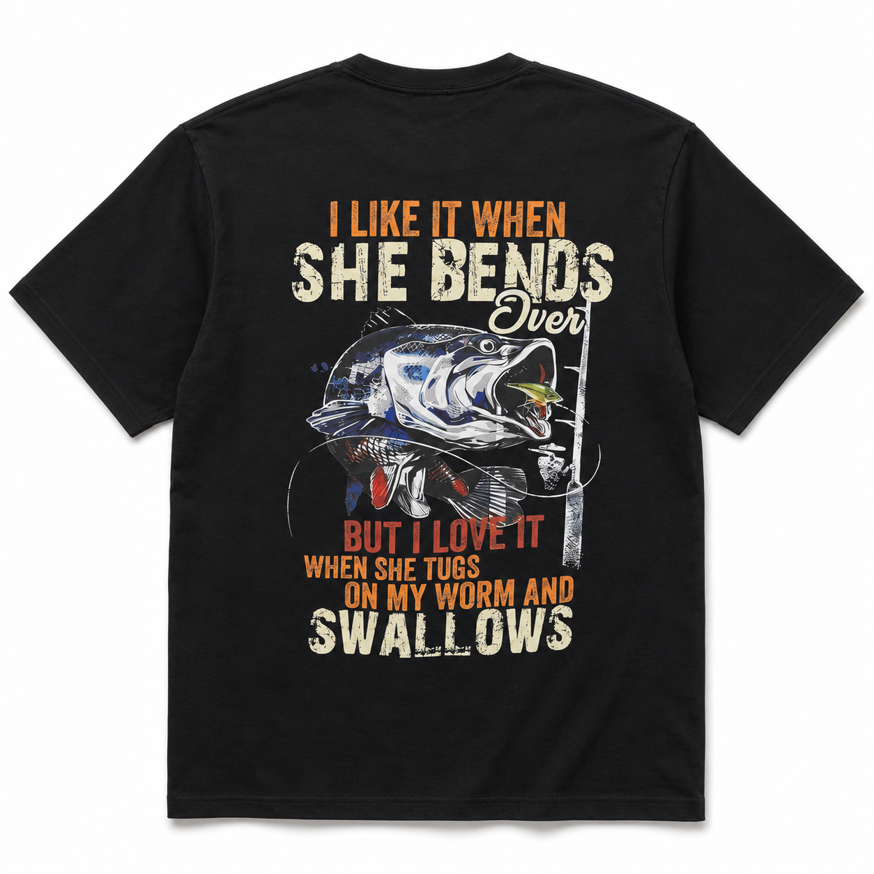 Funny Fishing Pun Graphic T-Shirt – “She Bends Over” Vintage Angler Black Tee