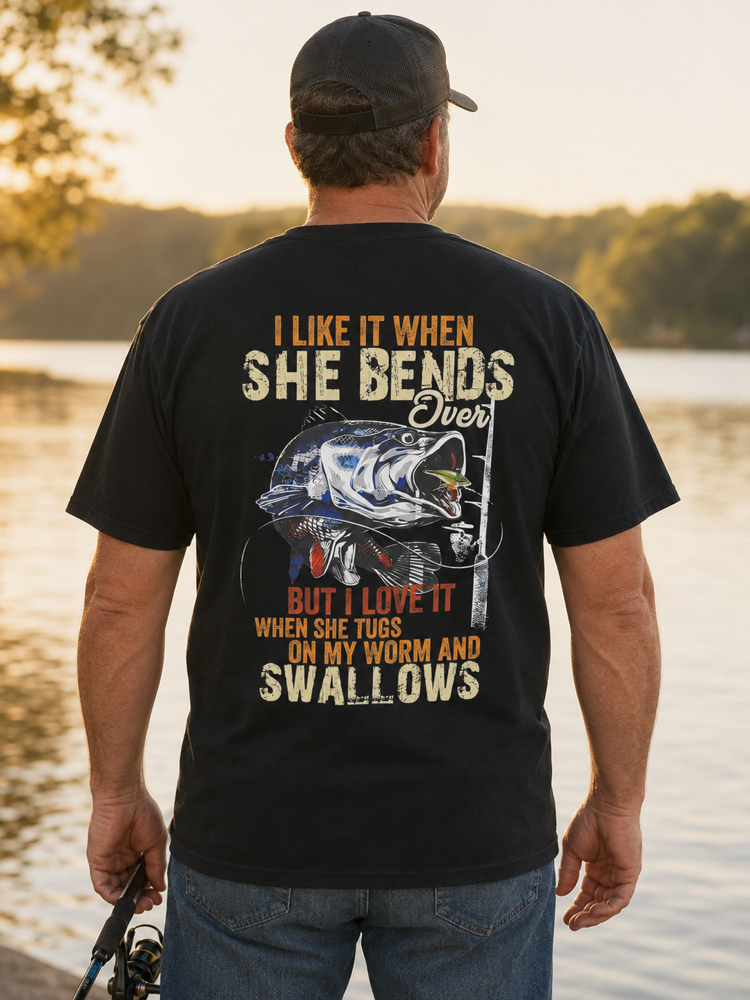 Funny Fishing Pun Graphic T-Shirt – “She Bends Over” Vintage Angler Black Tee