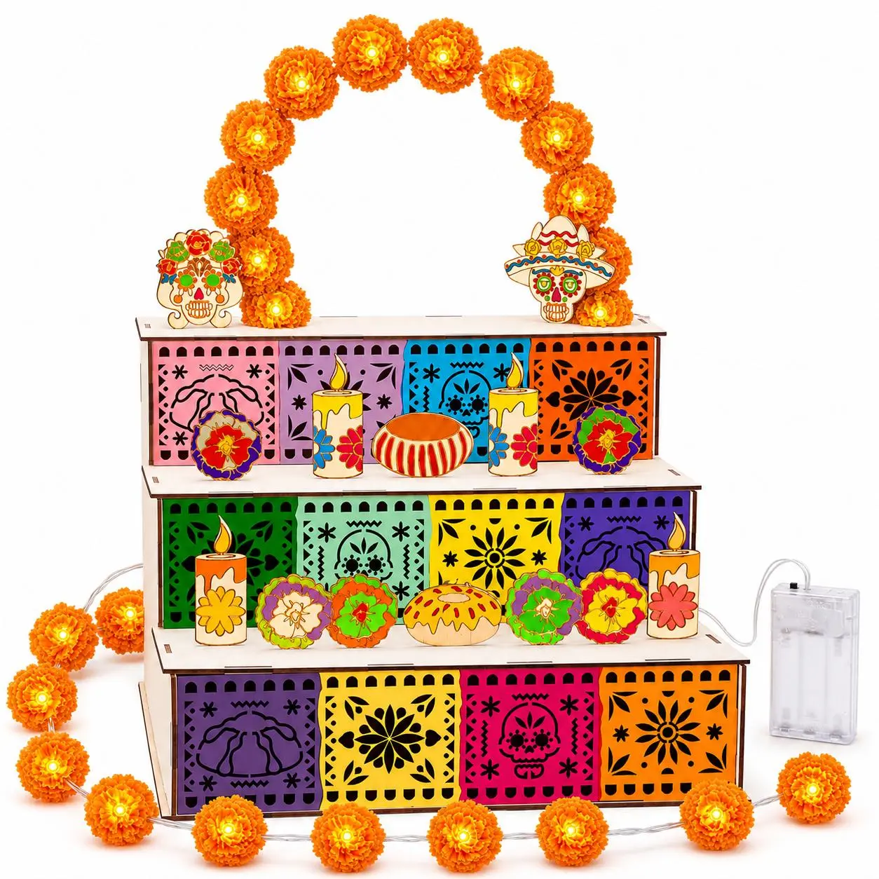 3-Tier Mexican Day of the Dead Wooden Altar Display Set - Indoor Recreation Decoration with Skull, Marigolds, Candle, Papel Picado Pieces for Photo Setup