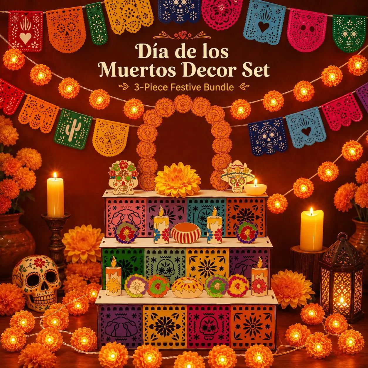 3-Tier Mexican Day of the Dead Wooden Altar Display Set - Indoor Recreation Decoration with Skull, Marigolds, Candle, Papel Picado Pieces for Photo Setup