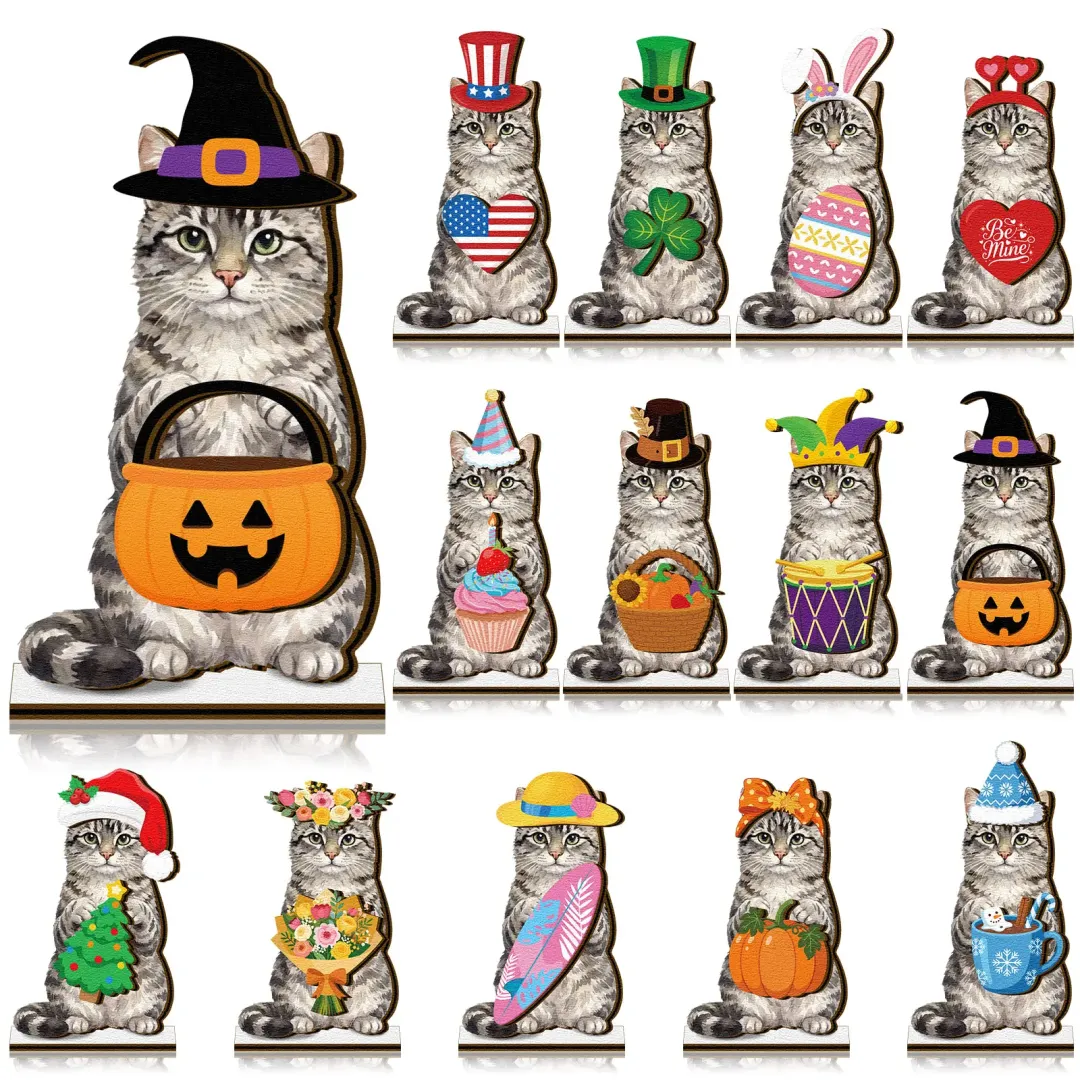 Pet Sign Gift Decor Cat Ornaments Wooden Sign Cat Desk Decor Interchangeable Pet Decor with Magnet Detachable Hats for Halloween/Christmas Autumn Holiday Seasonal Birthday Party, Gift for Pet Owning Families and Cat Lovers