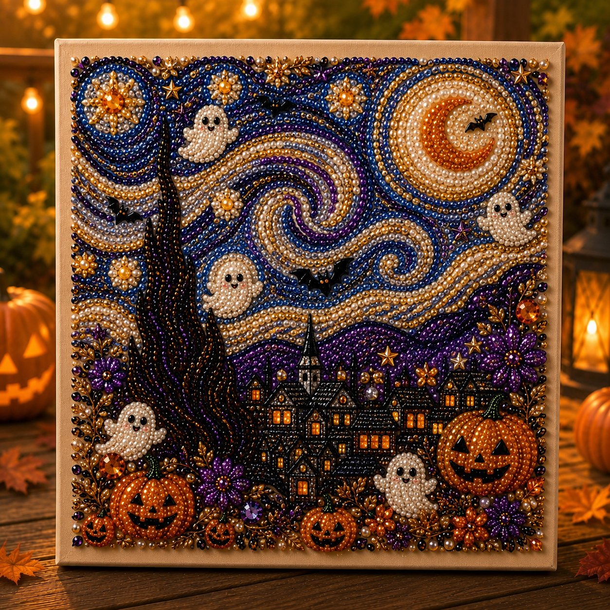 🎃👻 Premium 3D Pearl Halloween Wall Art Kit | Luxury Flocked Canvas with Scratch-Resistant Non-Fading Pearl Beads DIY Spooky Decor