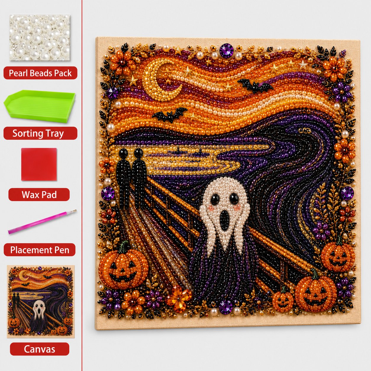 🎃👻 Premium 3D Pearl Halloween Wall Art Kit | Luxury Flocked Canvas with Scratch-Resistant Non-Fading Pearl Beads DIY Spooky Decor