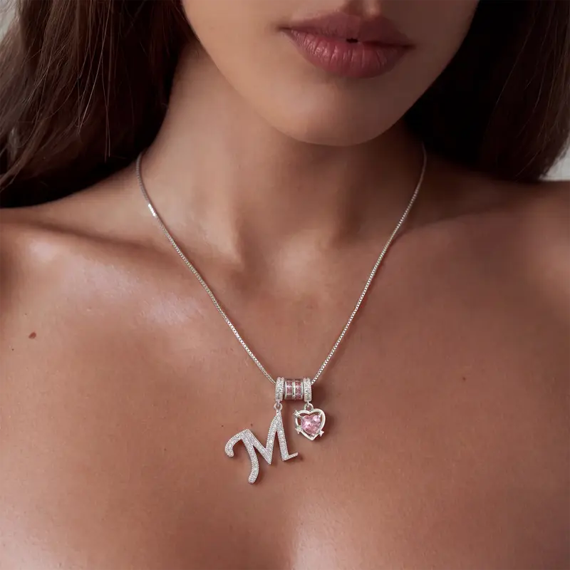 Ifchooseu - Women's Personalized 925 Silver-Plated 3-Layer A-Z Initial Choker Necklace, Dainty Adjustable Box Chain with Blush Pink Heart Cubic Zirconia, 925 Jewelry, Thoughtful Gift for Women, Fashion Accessory