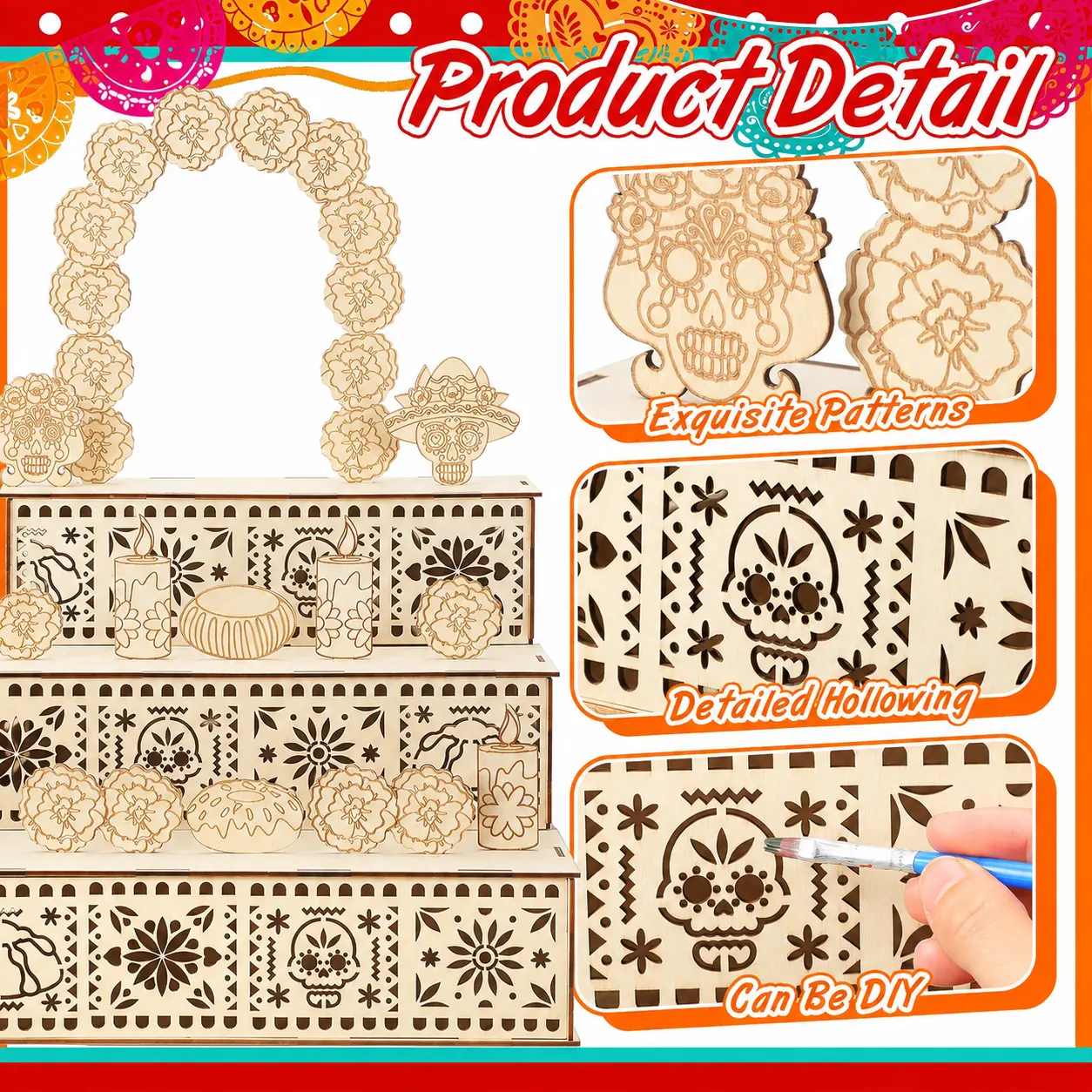3-Tier Mexican Day of the Dead Wooden Altar Display Set - Indoor Recreation Decoration with Skull, Marigolds, Candle, Papel Picado Pieces for Photo Setup