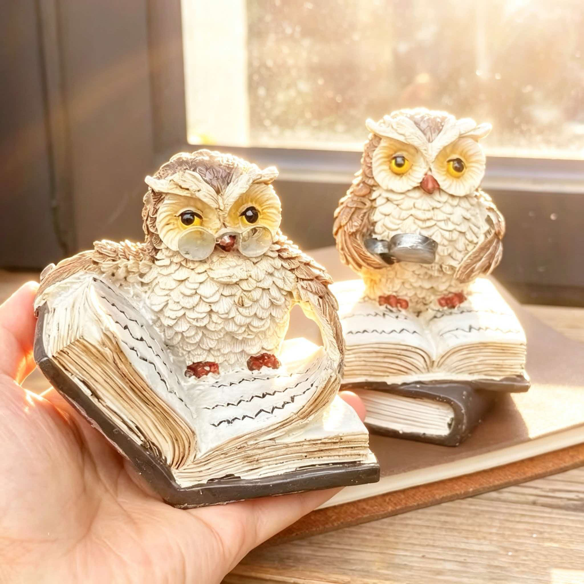Ifchooseu- 2 Resin Owl Reading Book Home Decor Ornaments, Holiday Gift, Bonsai Decoration