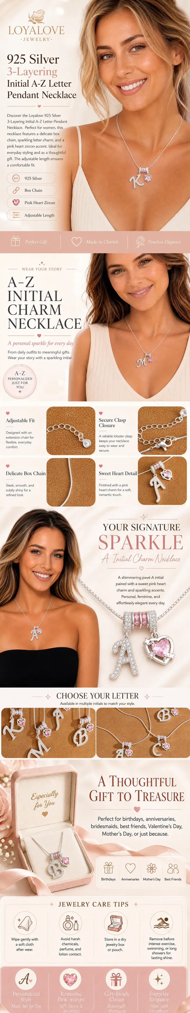 Loyalove Women's Personalized 925 Silver-Plated 3-Layer A-Z Initial Choker Necklace, Dainty Adjustable Box Chain with Blush Pink Heart Cubic Zirconia, 925 Jewelry, Thoughtful Gift for Women, Fashion Accessory