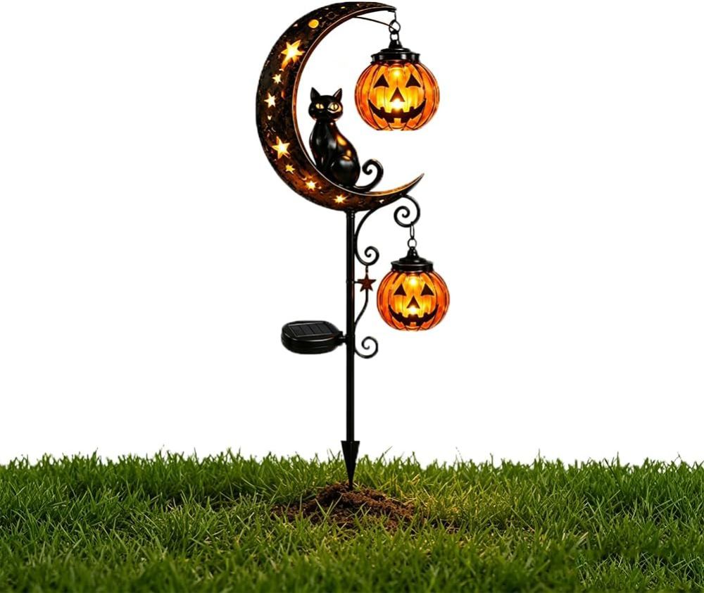 🔥 Over 59$ FREE SHIPPING 🔥Solar Halloween Black Cat & Pumpkin Moon Garden Stake Light, Outdoor Waterproof LED Yard Decoration with Crescent Moon, Hanging Jack-o'-Lantern Lantern for Garden, Patio, Walkway, Porch
