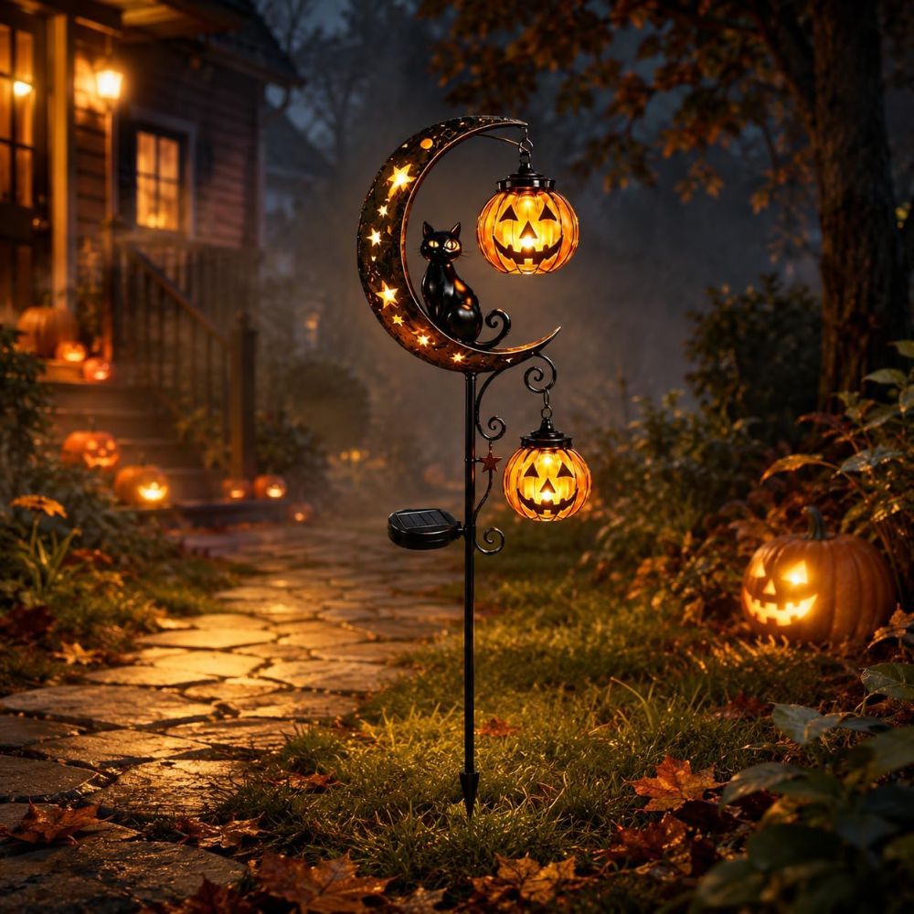 🔥 Over 59$ FREE SHIPPING 🔥Solar Halloween Black Cat & Pumpkin Moon Garden Stake Light, Outdoor Waterproof LED Yard Decoration with Crescent Moon, Hanging Jack-o'-Lantern Lantern for Garden, Patio, Walkway, Porch