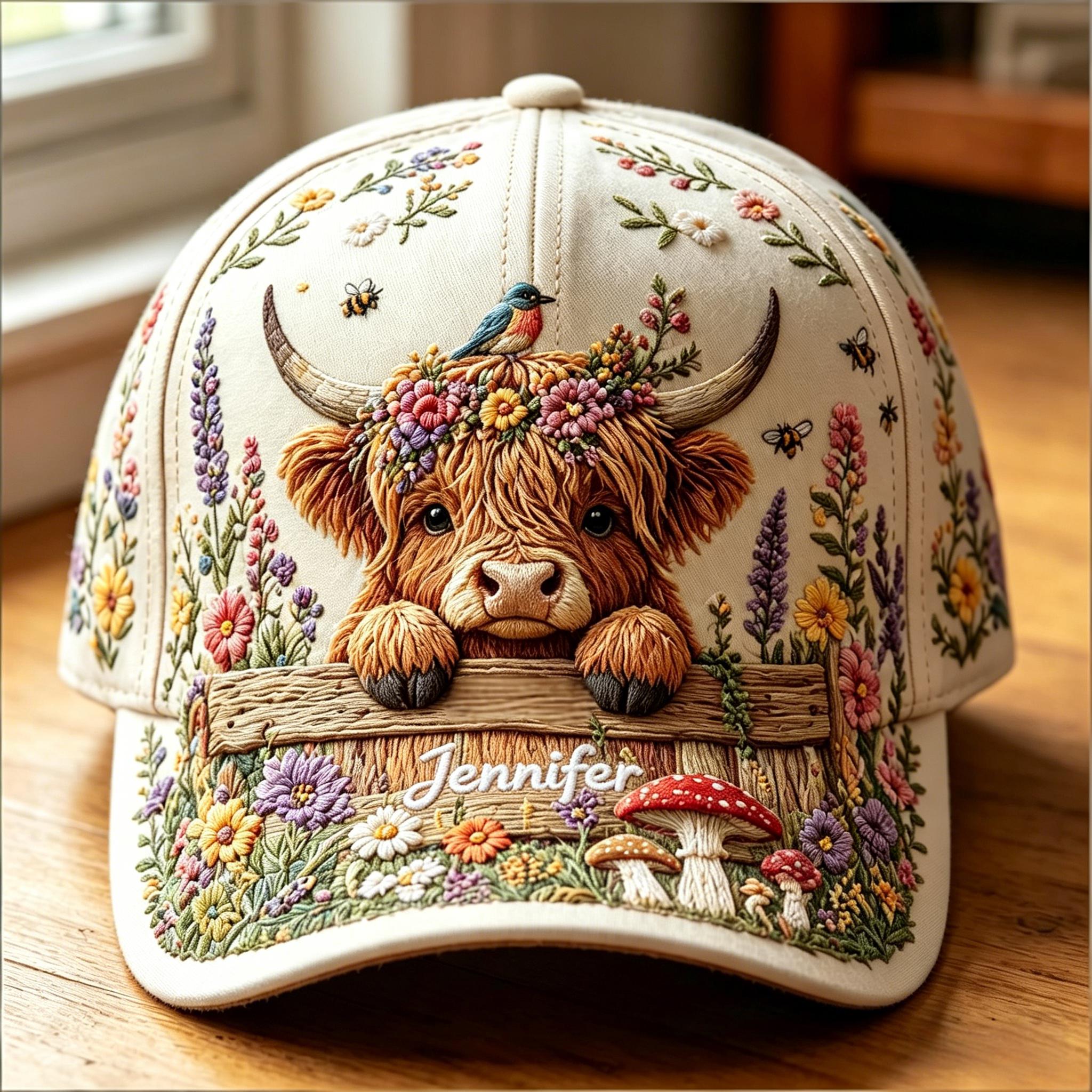 💐🦋Personalzied Floral Highland Cow Cap