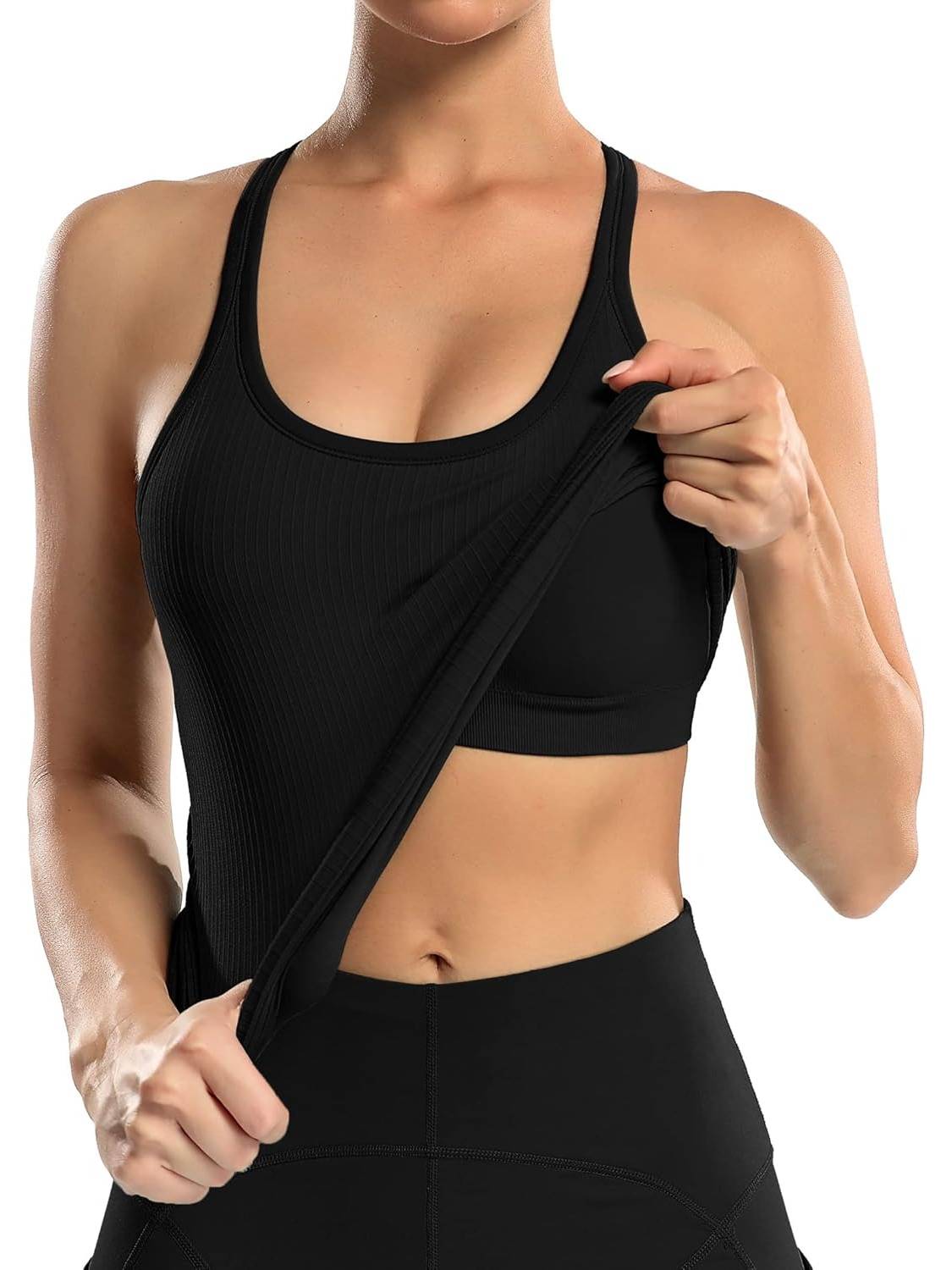 Women's Ribbed Workout Crop Racerback Tank Tops With Built in Bra