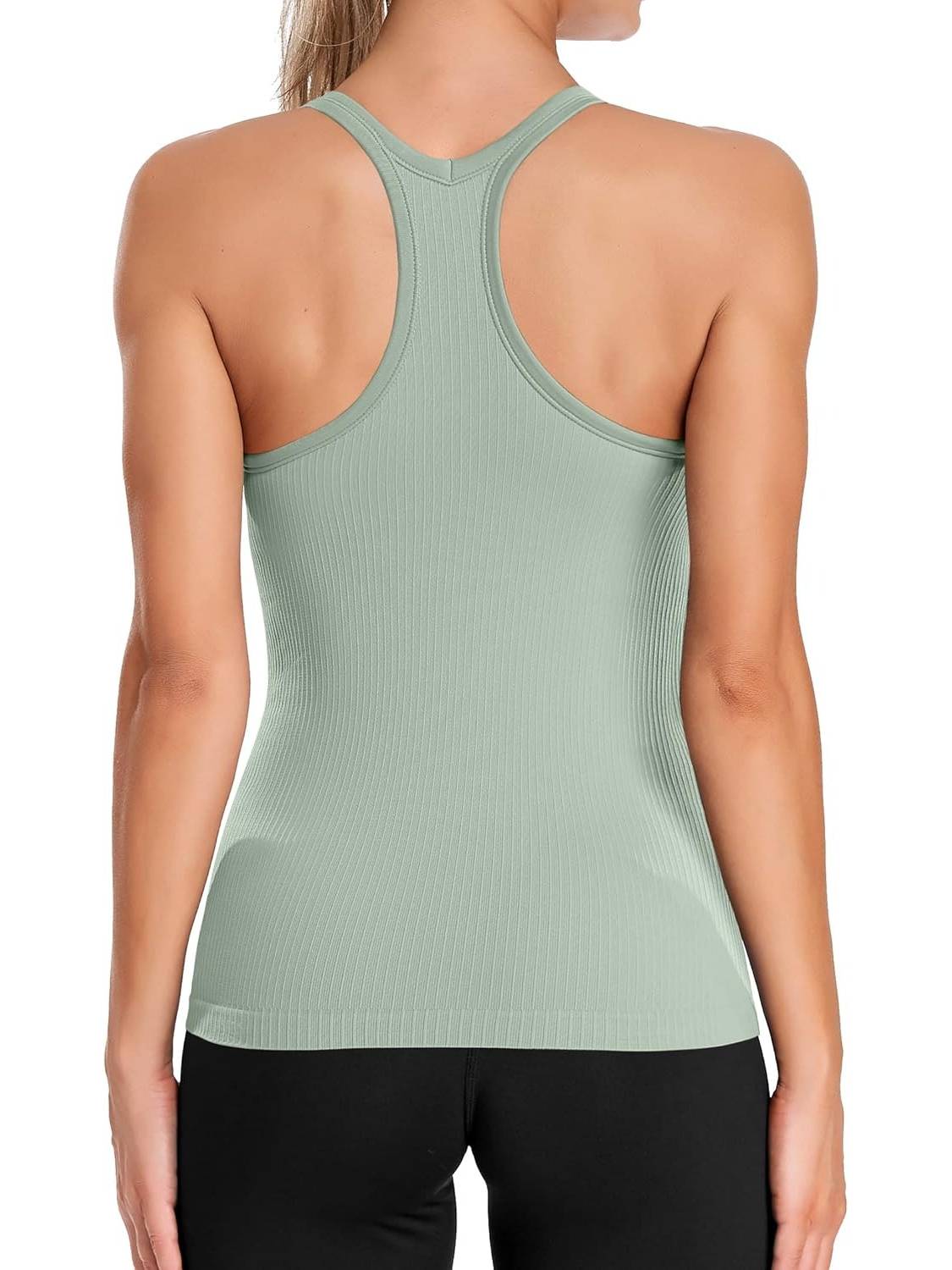 Women's Ribbed Workout Crop Racerback Tank Tops With Built in Bra