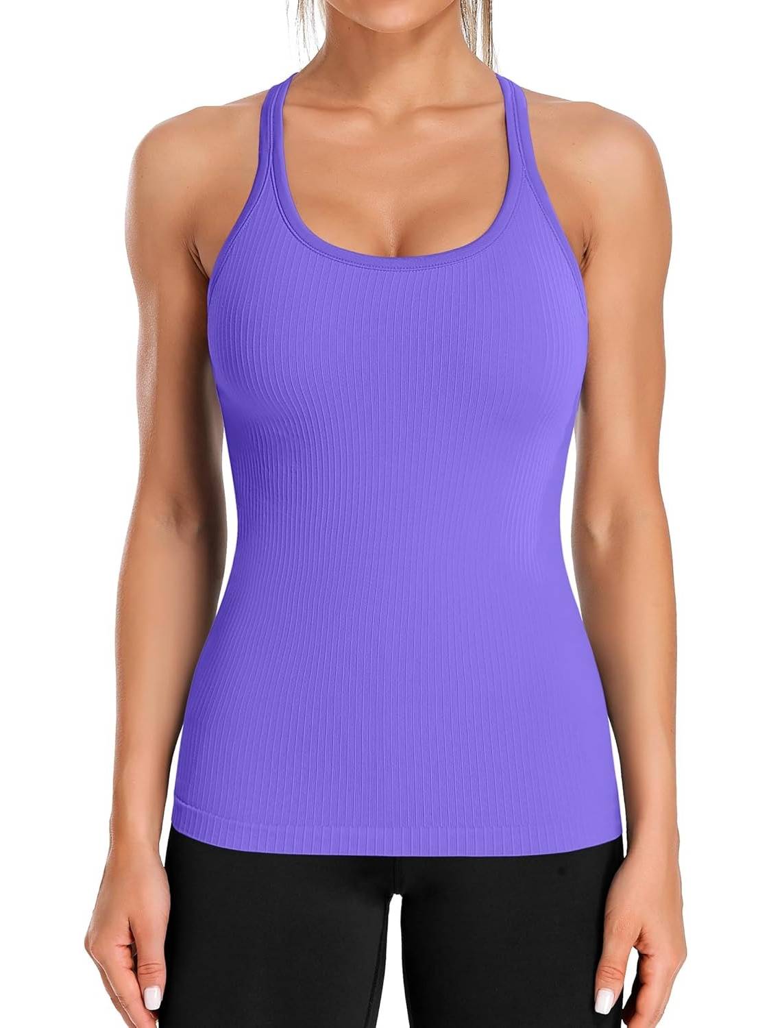 Women's Ribbed Workout Crop Racerback Tank Tops With Built in Bra