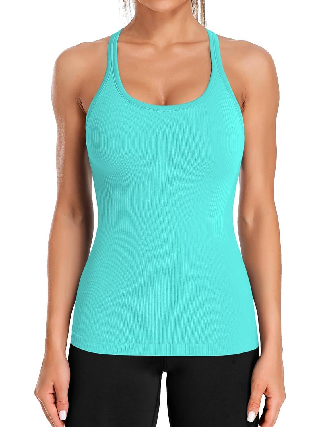 Women's Ribbed Workout Crop Racerback Tank Tops With Built in Bra