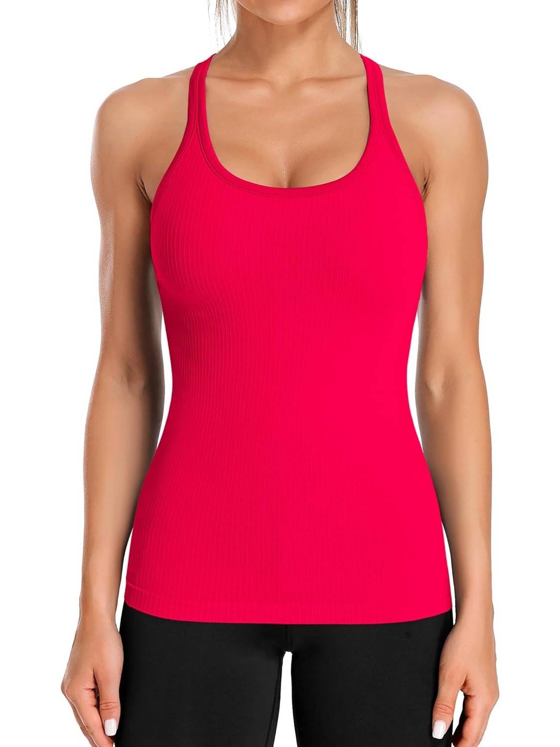 Women's Ribbed Workout Crop Racerback Tank Tops With Built in Bra