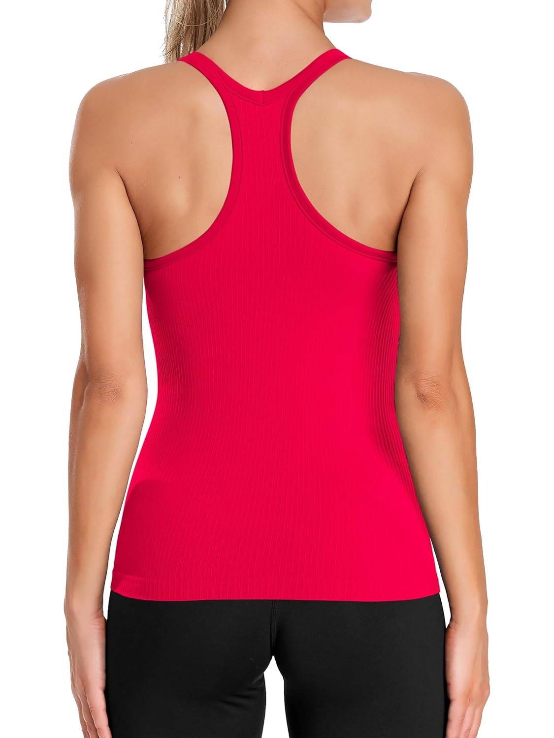 Women's Ribbed Workout Crop Racerback Tank Tops With Built in Bra